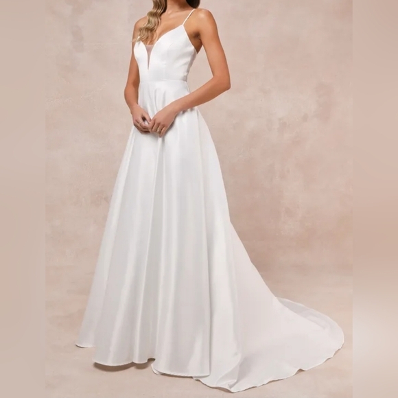 Lulus Exceptional Passion White Satin Cutout Maxi Dress Wedding Gown w Pockets L - Picture 8 of 15